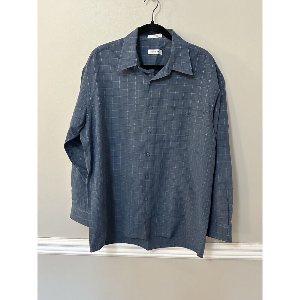 Pierre Cardin Men's Dress Shirt,‎ L, 16-16.5, Dusky Blue Window Pane, Casual Hem